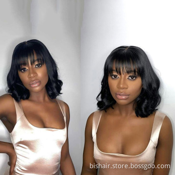 Wholesale Natural Color Full Machine Made Wigs With Bangs Short Bob With Remy Brazilian Human Hair Wigs For Women Body Wave